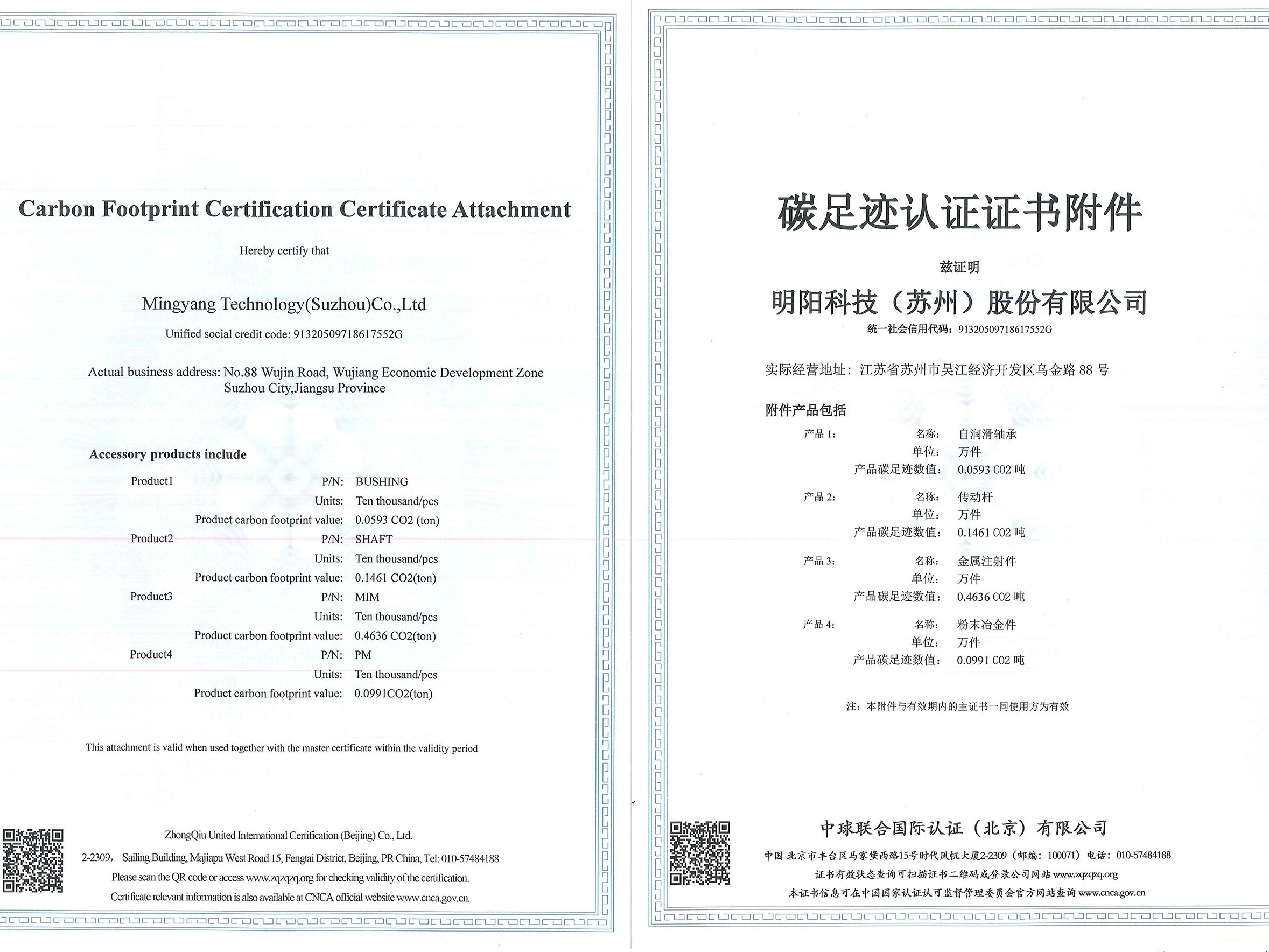 碳足跡認證證書附件